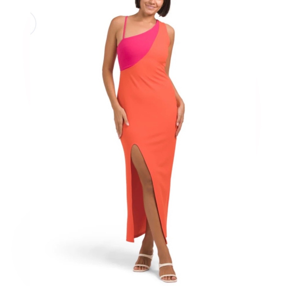 🟤NWT RACHEL RACHEL ROY Color Block Phoenix One-Shoulder Midi Dress in Pink/Red